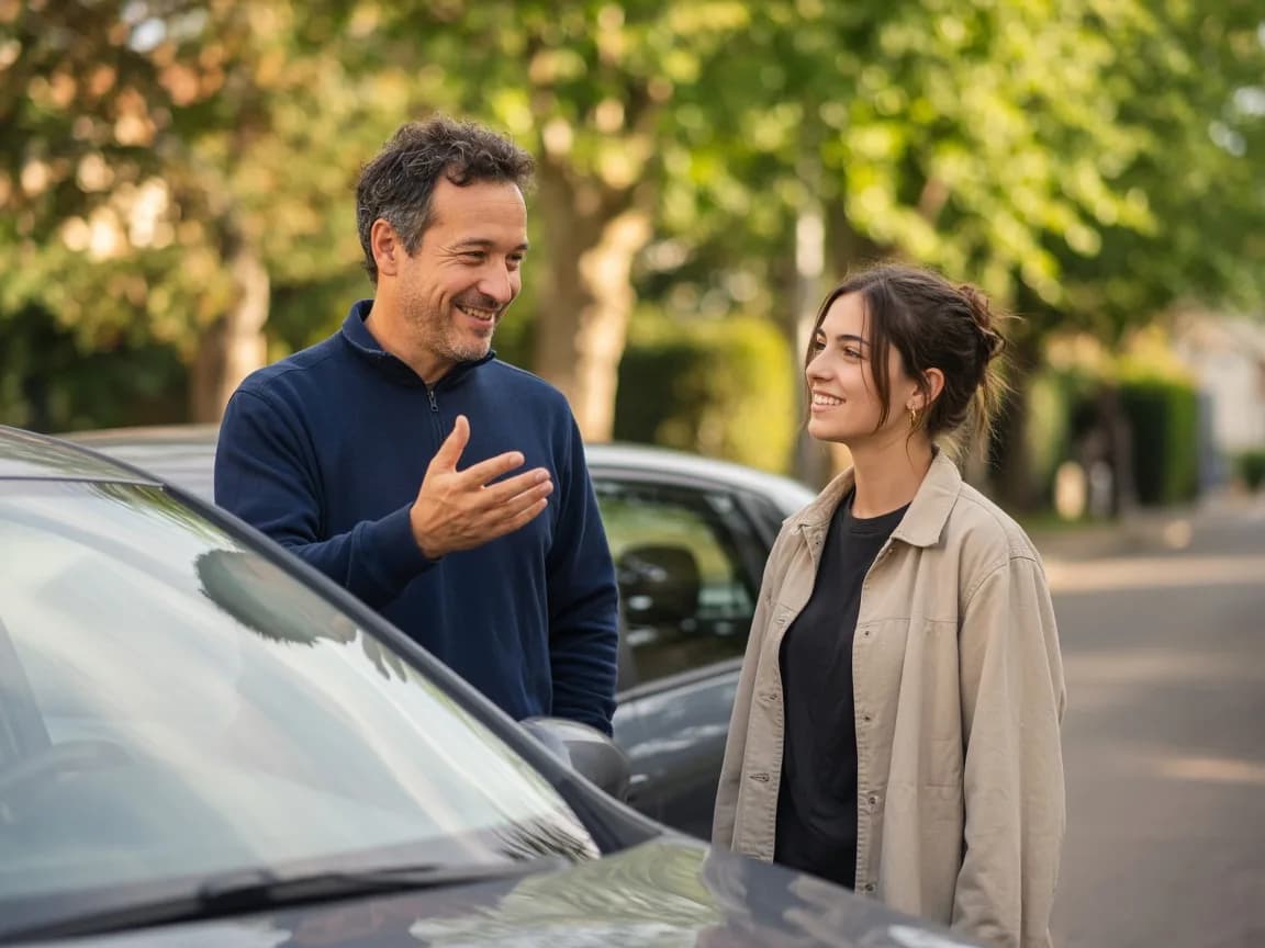 Un moniteur qui échange avec une élève à côté d’une voiture