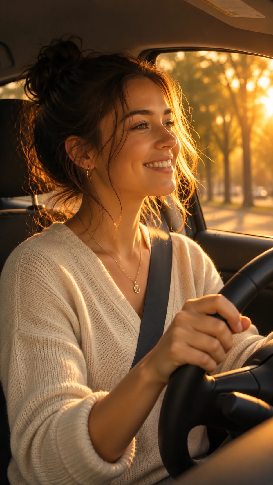 Une jeune conductrice souriante au volant, dans une rue arborée au coucher du soleil